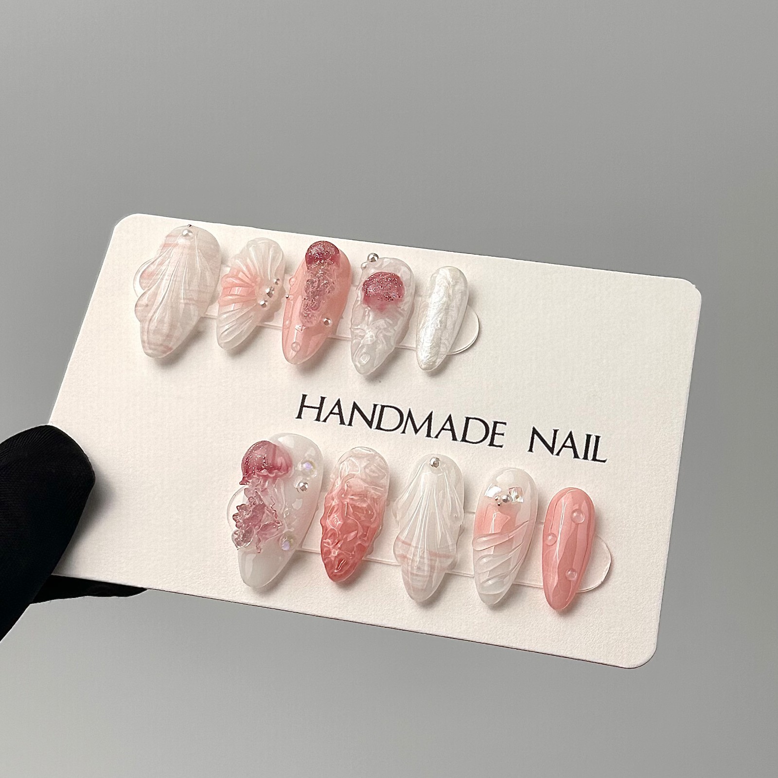 Seashell Jellyfish Mermaid Press On Nails Pink 3D Pearl Handmade Textured Nails