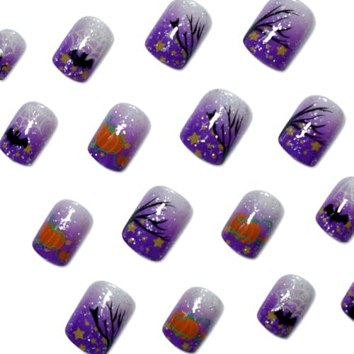24Pcs Halloween Nails Cute Cat Bat Pumpkin Press on Nails Short halloween tree