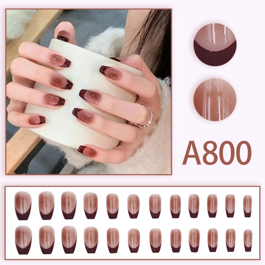 48 Pcs Wine Red Gradient Oval Press on Nails, Glossy Minimal Nude Fake Nails