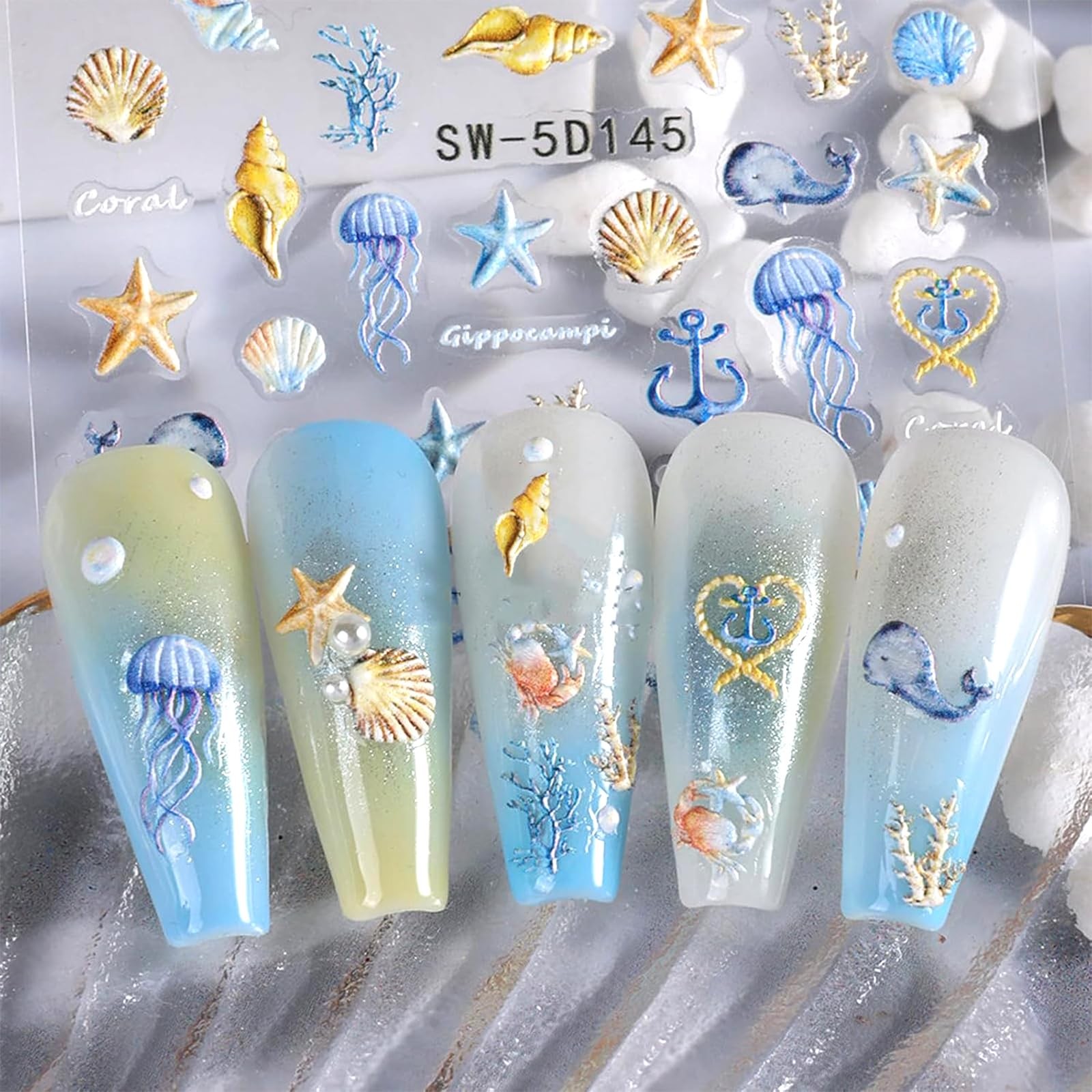 Beach Nail Art Stickers Decals 5D Shell Nail Decals Self Adhesive Spring Summ…