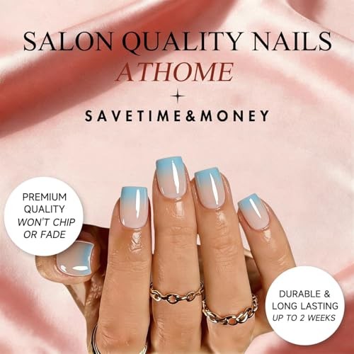 Ombre Press on Nails Short Square, Glazed Gradient Teal Blue square ombre blue