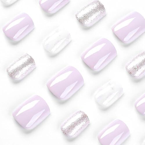Square Press on Nails Short Fake Nails Glitter with Marbling Marbling Glitter 1