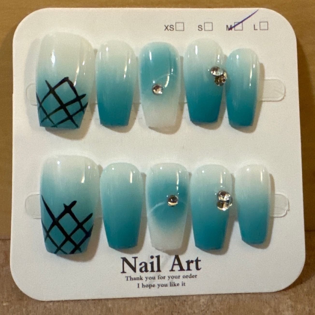 Teal Ombre Press On Nails Medium Coffin Rhinestone Lattice Art 10pc Set Size M