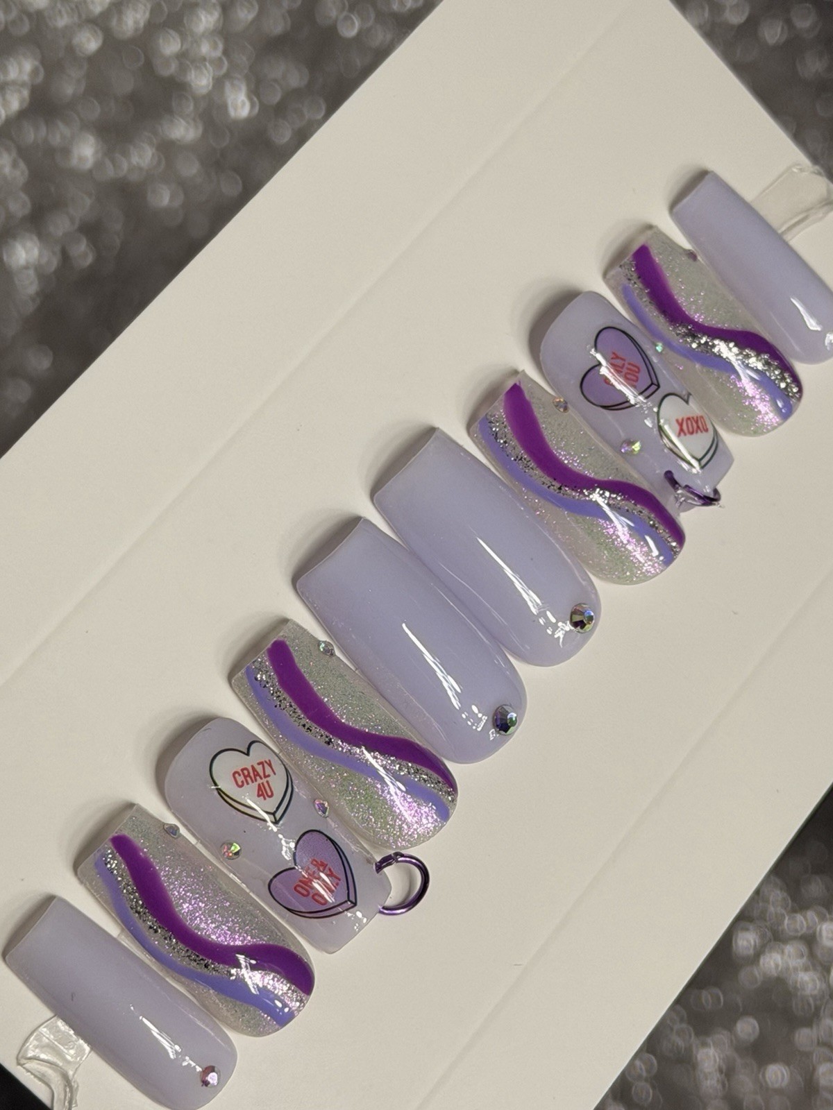 💜💎 CUSTOM Press On Nails PURPLE Heart BLING Rhinestones 10p SET W Kit