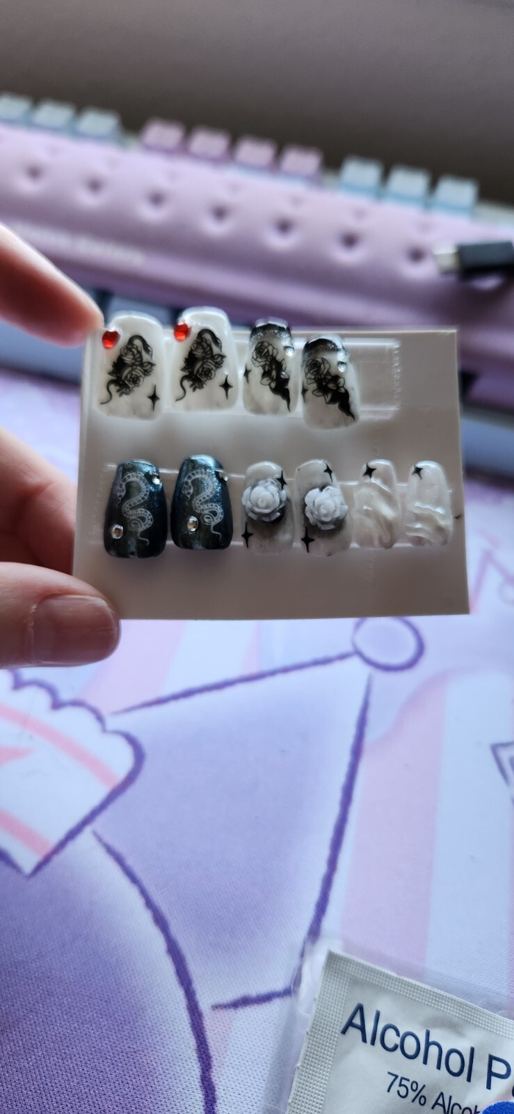 Hand Painted “Gothic Snakes” Extra Short Coffin Length Press On Nails (size M/L)