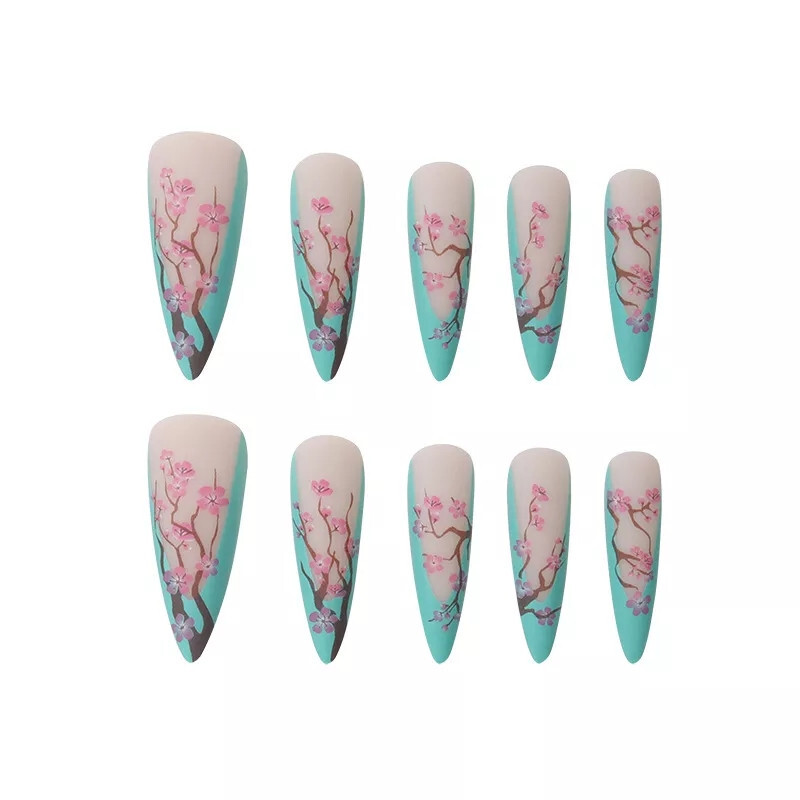 24 Press on nails Kit w Glue Cherry Blossom Nude ombre Mint Green stiletto anime