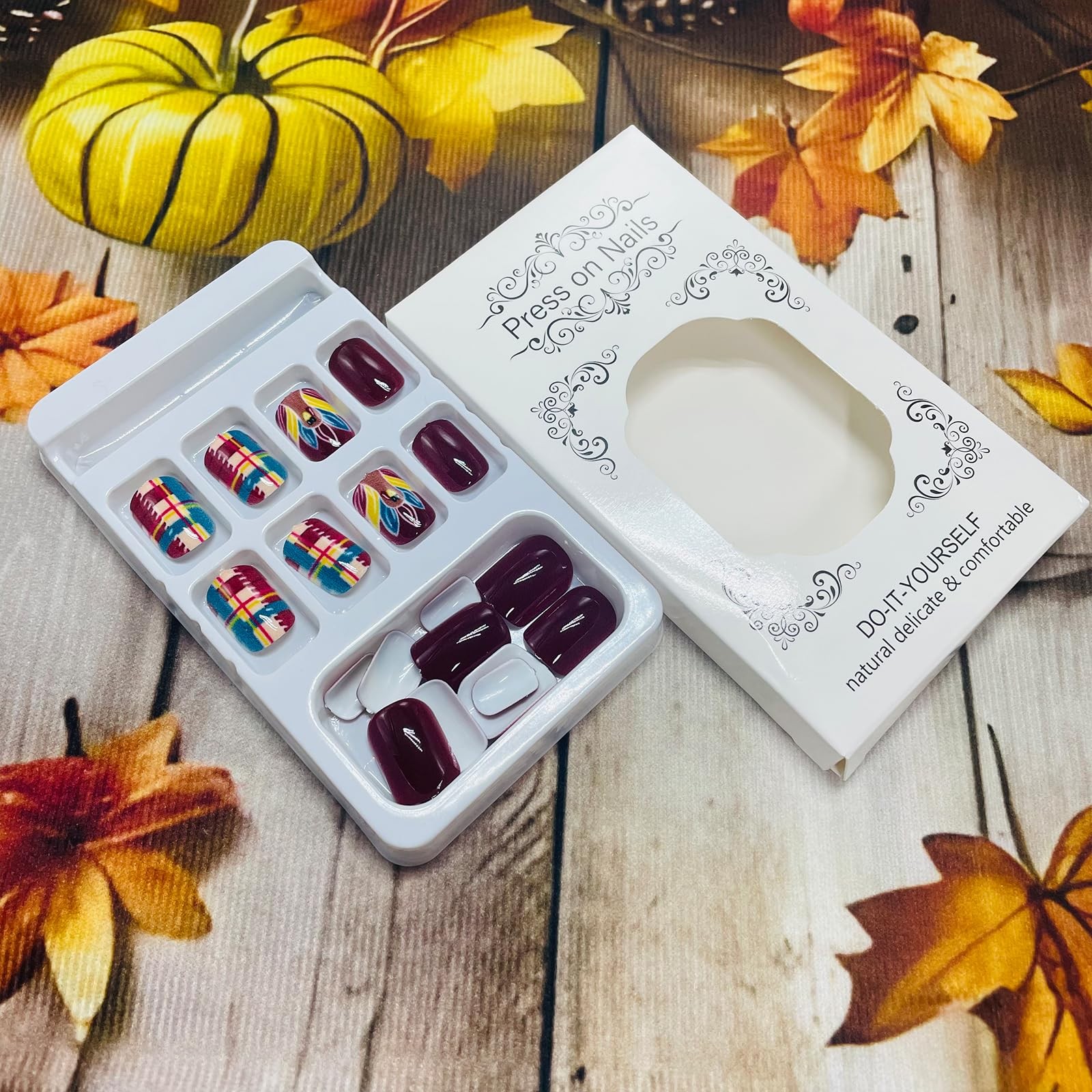Fall Press on Nails Short Fake Nails with Designs Turkey Stick on Nail Purple…