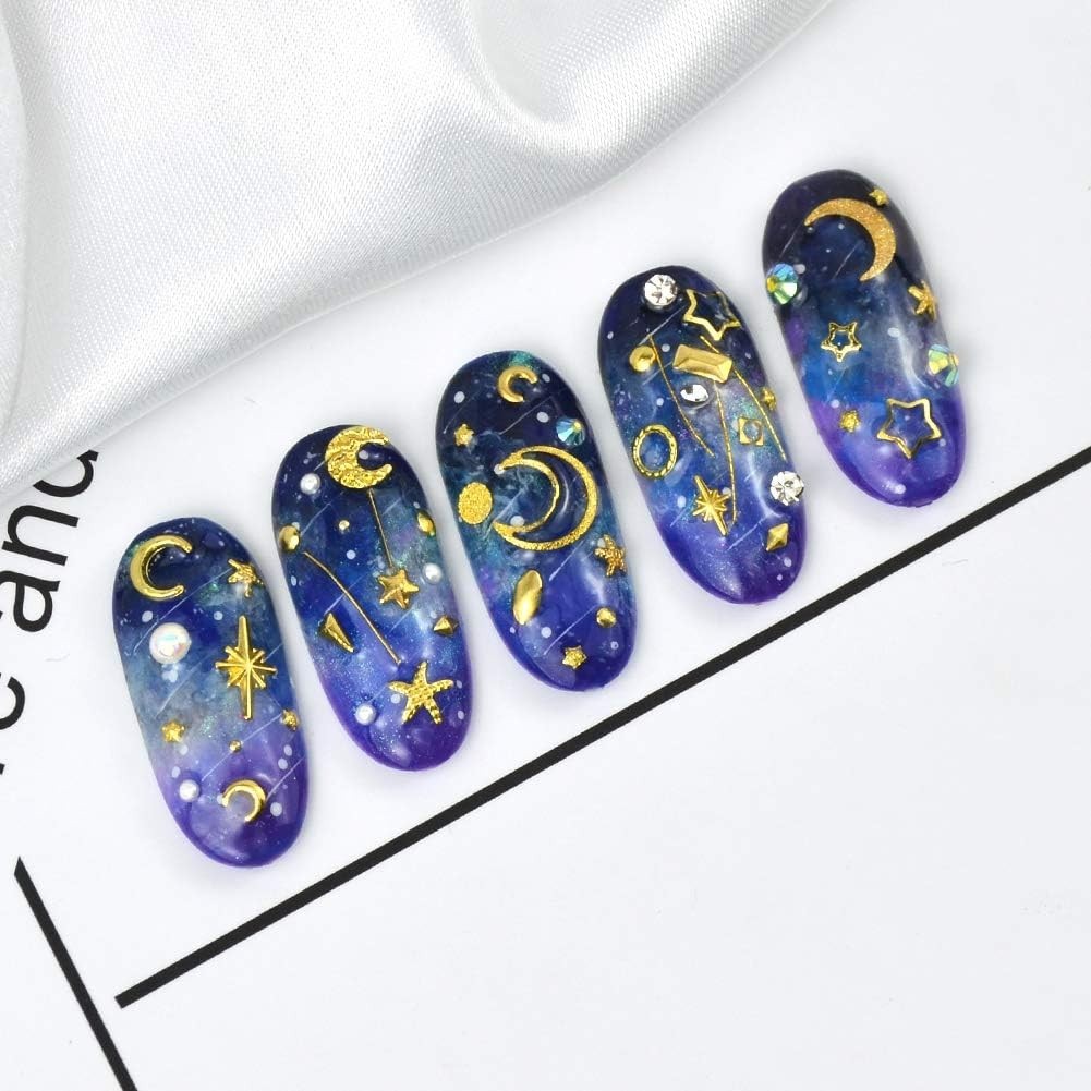 3D Gold Star & Moon Nail Charms – Sparkle Rhinestone Art for Valentine’s Day