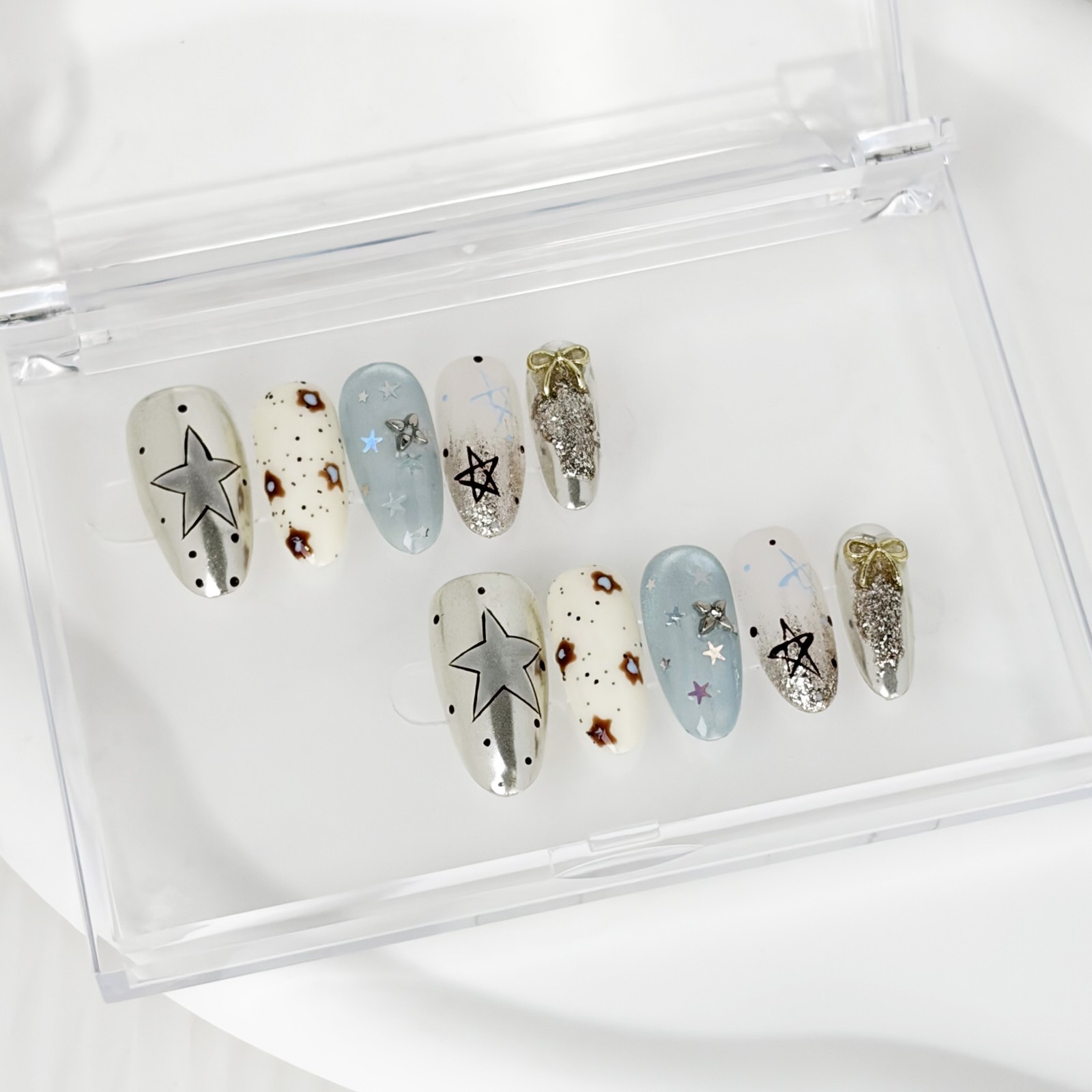Galaxy Star Glitter Press-On Nails Mismatched Set Handmade Almond Nails Gift