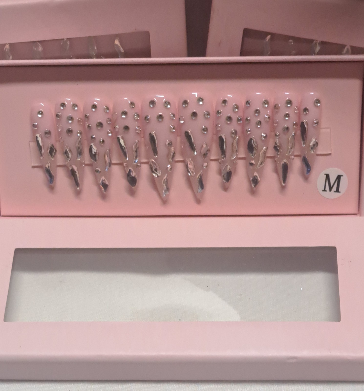 Handmade Almond Stiletto Press On Nails Pink Chrome Drip Rhinestone Bling Glam