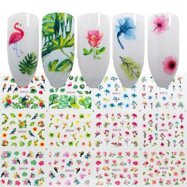 Nail Art Water Transfer Sticker Ink Flower Green Leaves Rose Bird Floral Decals