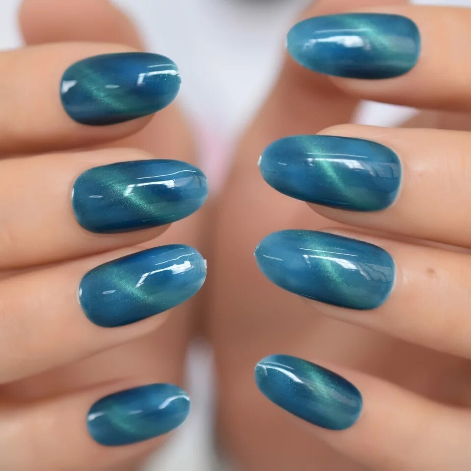 24 Aquamarine Galaxy Cat Eye Gel Press On Nails Glossy medium Blue magnet teal