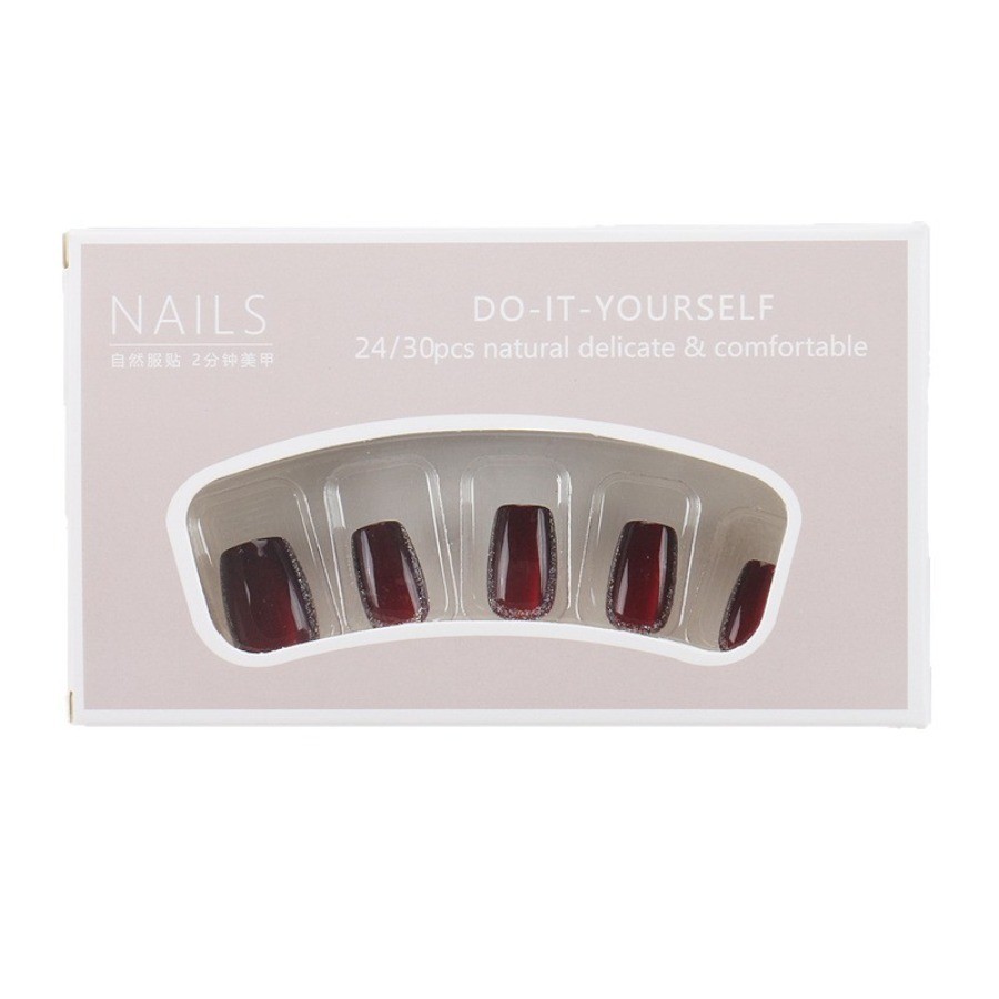 60pcs-Press on Nails Wine Red Short Square Cat Eye Rhinestone Border Details