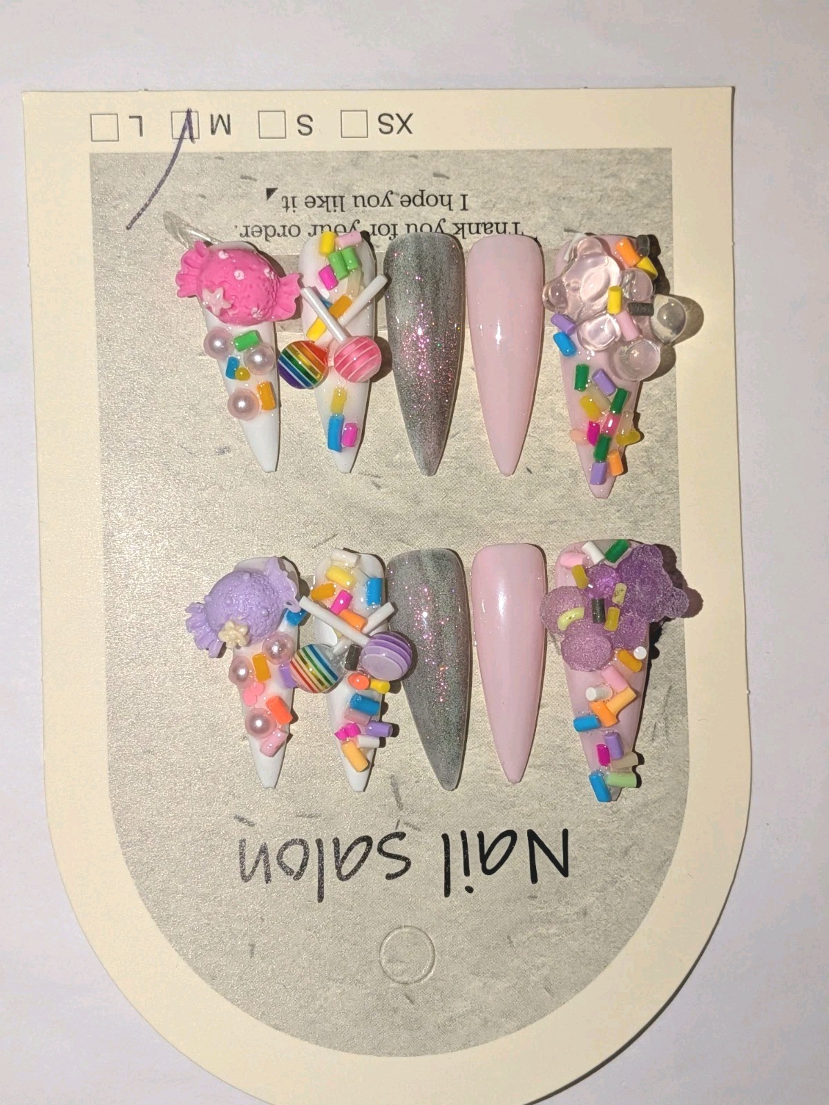 Hand Crafted Pink, White & Purple Stiletto Press-On Nails with Candy 3D Charms