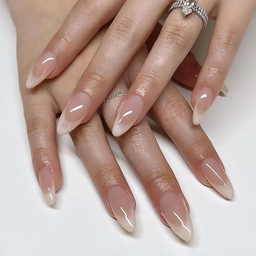 24Pcs Nude Gradient French Tip Press on Nails Medium Length Almond Shaped