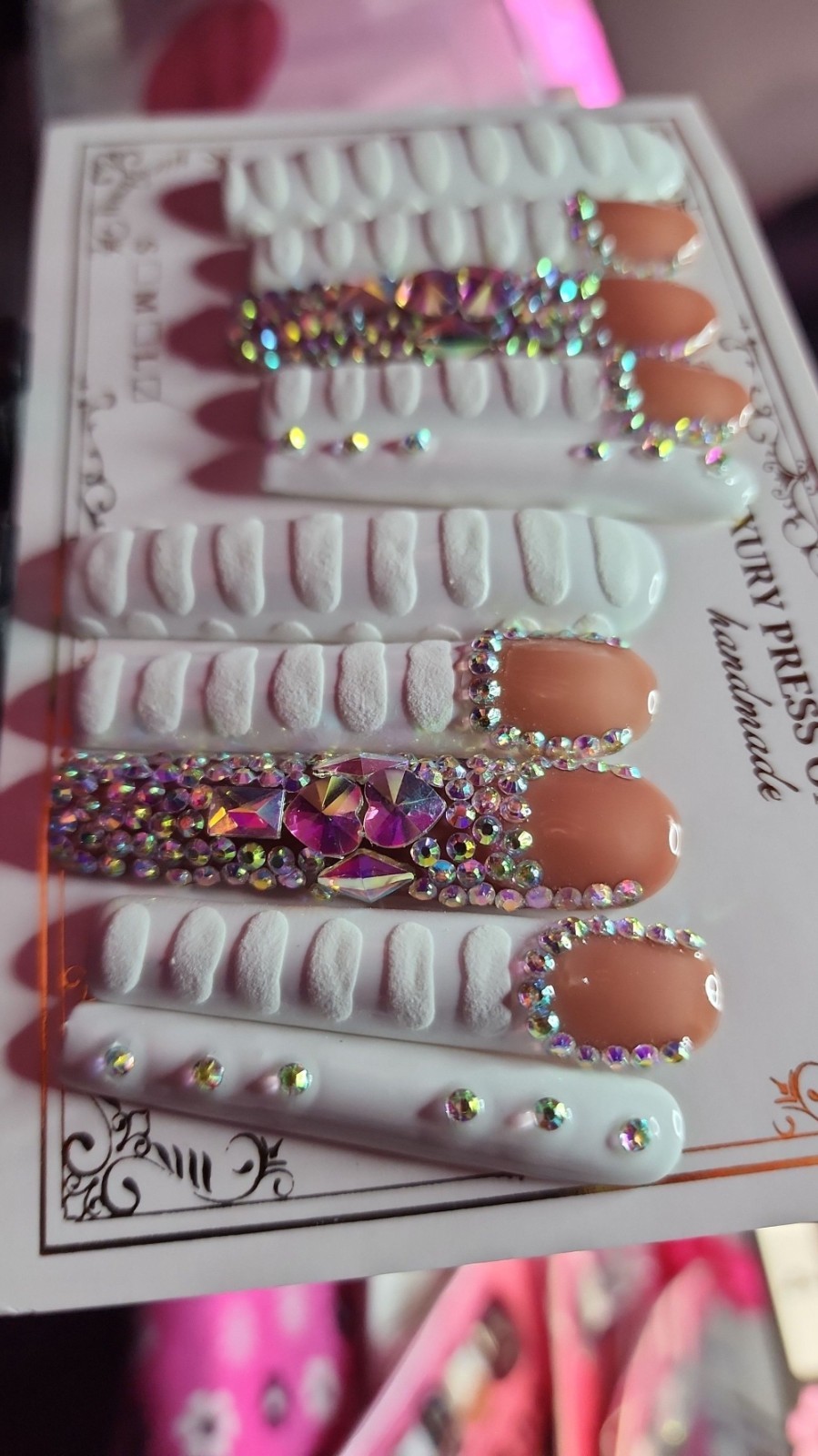 Large Size Super Long White Bling 10 Pc Handmade Press-on Nail Set
