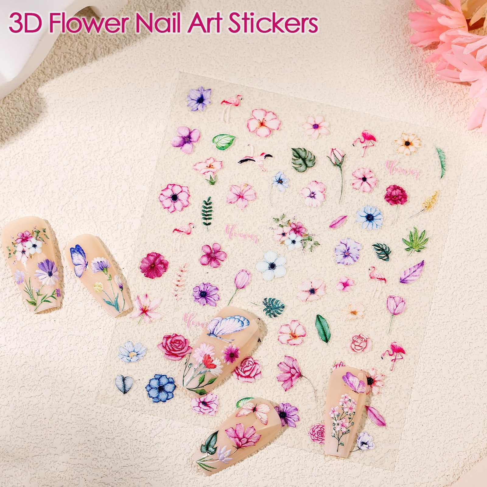 Gel Nail Stickers for Nail Art, 3D Embossed Summer Flower and Butterfly Decals