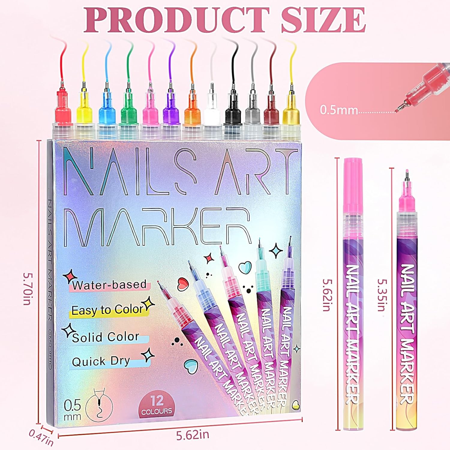 12 Colors Nail Art Pens, 0.5mm Fine Tip 3D Acrylic Polish Pen Set, Waterproof Qu