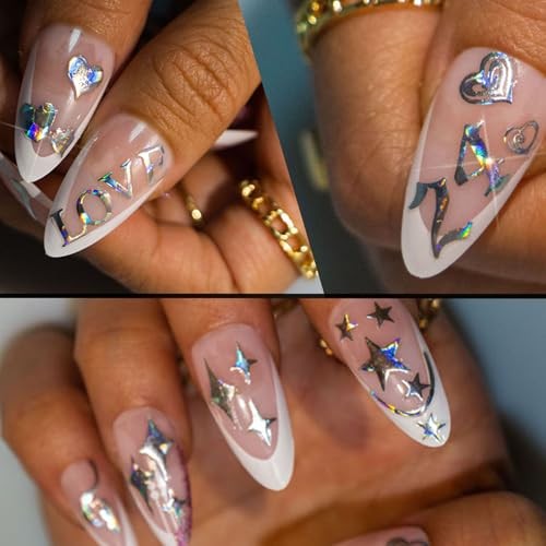 60 Sheets Holographic Nail Art Stickers for Girls Women’s Laser Aurora Silver