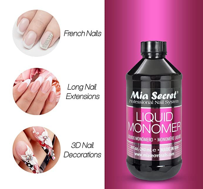 Mia Secret Liquid Monomer 8 oz. Professional Acrylic Nail System – MMA FREE – Ma