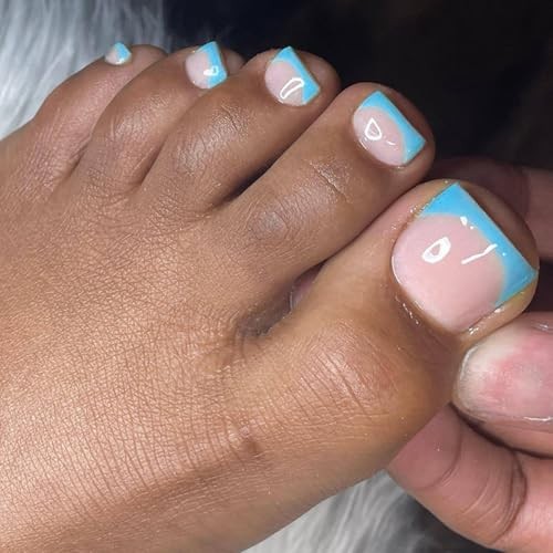 French Tip Press on Toenails Nude Fake Toenails Short Square Toe Blue French