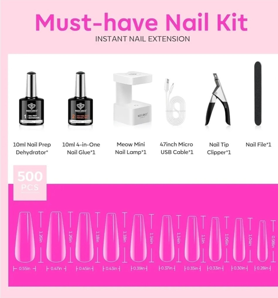 Gel Nail Kit, Nail Tips and Glue Gel Kit with 9-In-1 Glue, 500Pcs Long Coffin