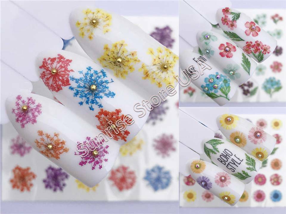 Nail Art Water Transfer Sticker Multi Color Flower Leaves Floral Daisy Manicure
