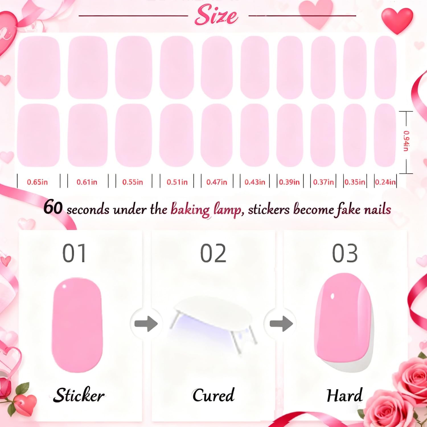 Heart Semi Cured Gel Nail Strips Valentines Gel Nail Stickers Full Nails Wrap…