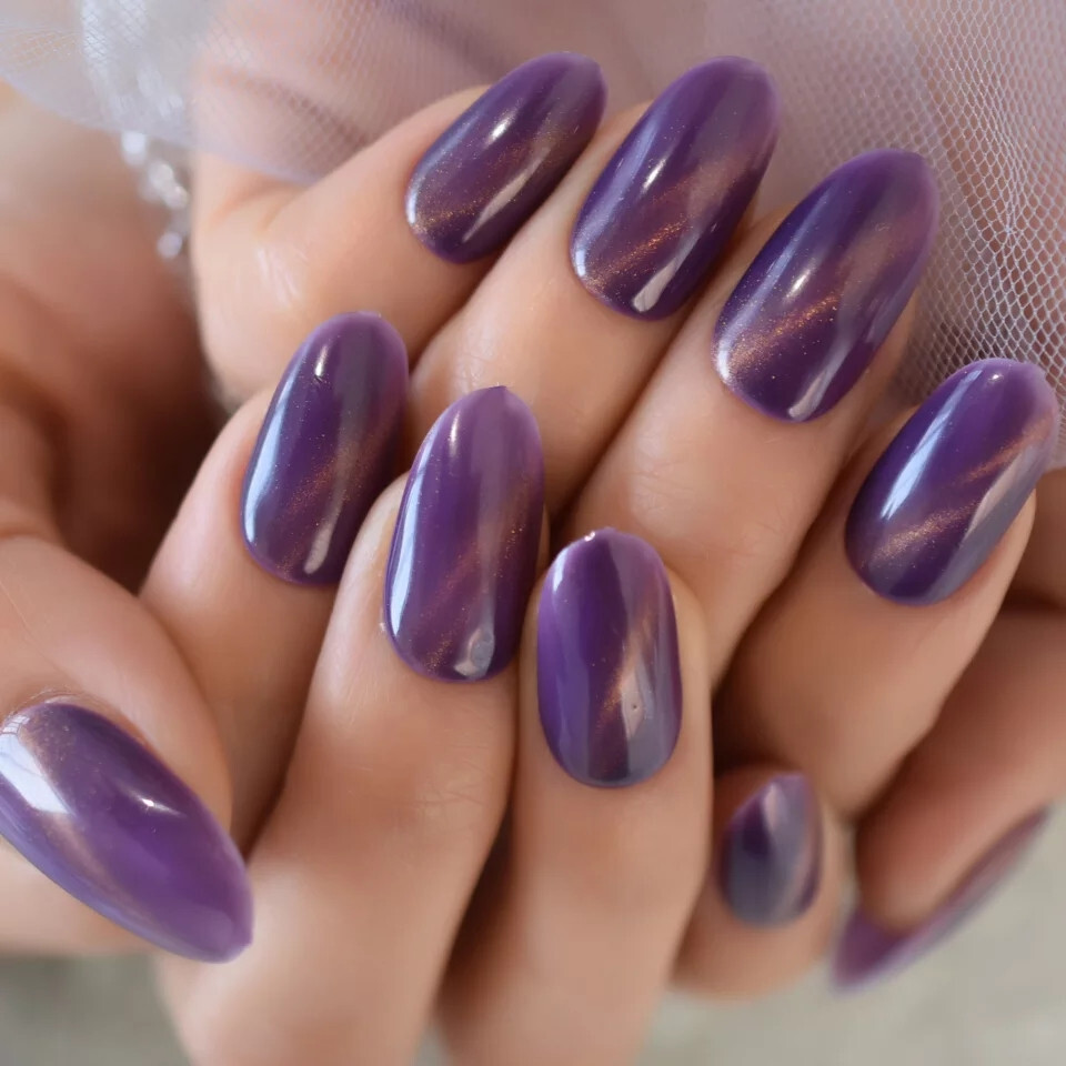 24 Medium Press on Nails kit glue on purple galaxy cat eye magnet grape almond
