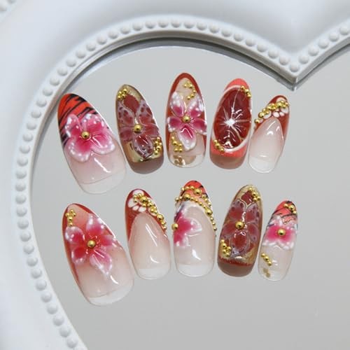 Almond Press on Nails – Medium 3D French Fake Nails – Gold Curve Line