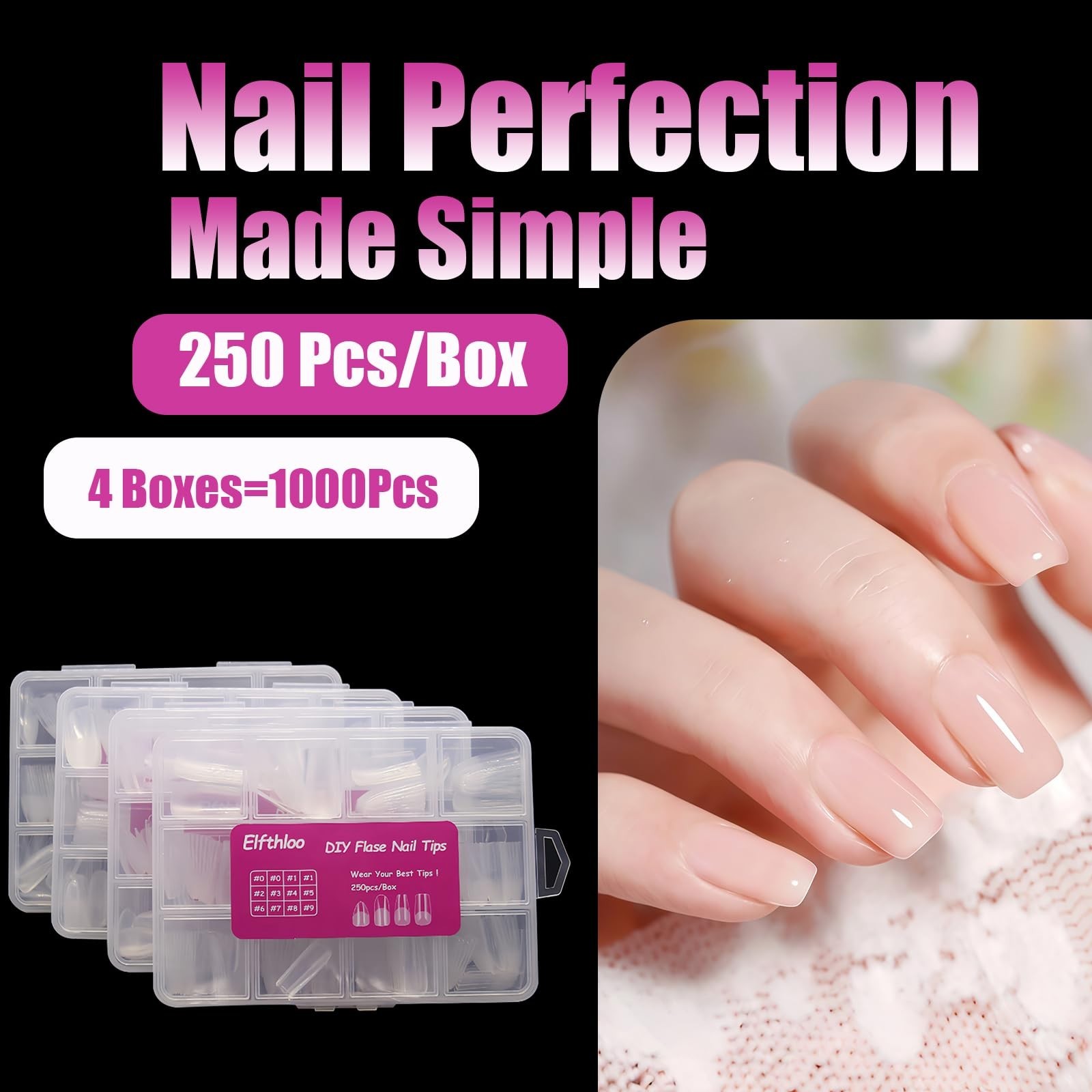 1000PCS Clear Acrylic Nail Tips – 4 Shapes, 10 Sizes, Half Matte Full Cover for