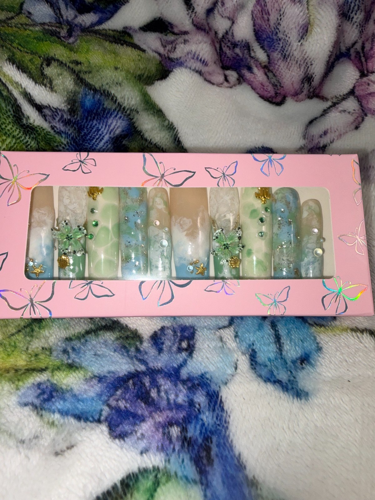 hand painted press on nails Ocean sea turtle theme
