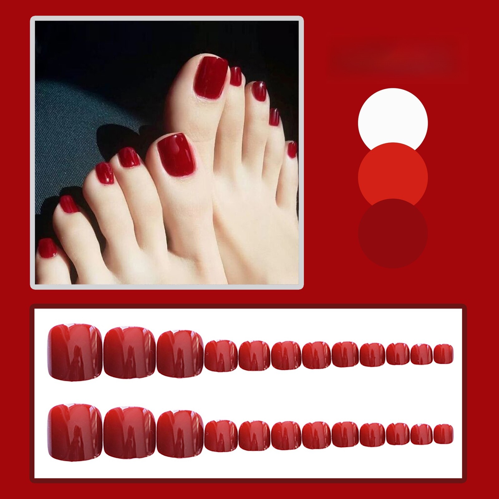48Pcs-Daily Square Toe False Nails Red Solid Glossy Minimal Press on Toenails