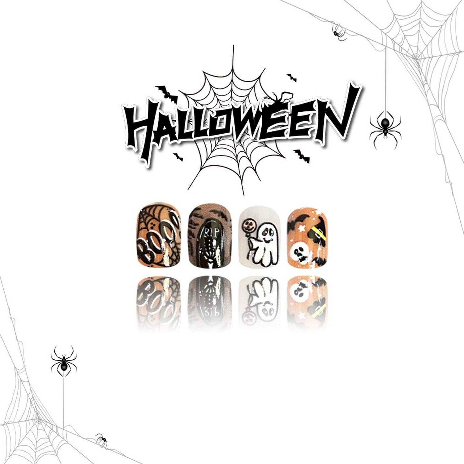 Halloween Press on Nails Orange Full Cover Spider Web Cute Little Ghost Pumpk…
