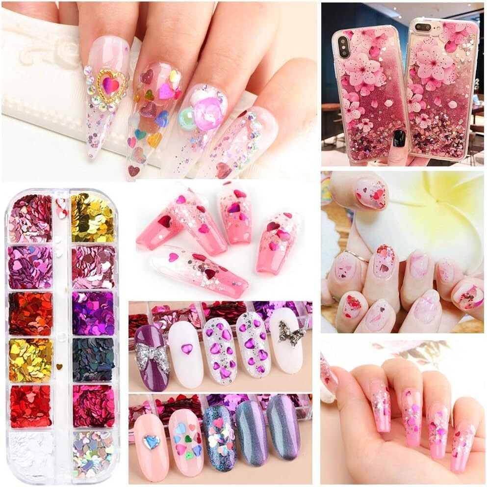 12 Grid 3D Love Heart Nail Art Glitter Holographic Laser Chunky Face Body Tattoo