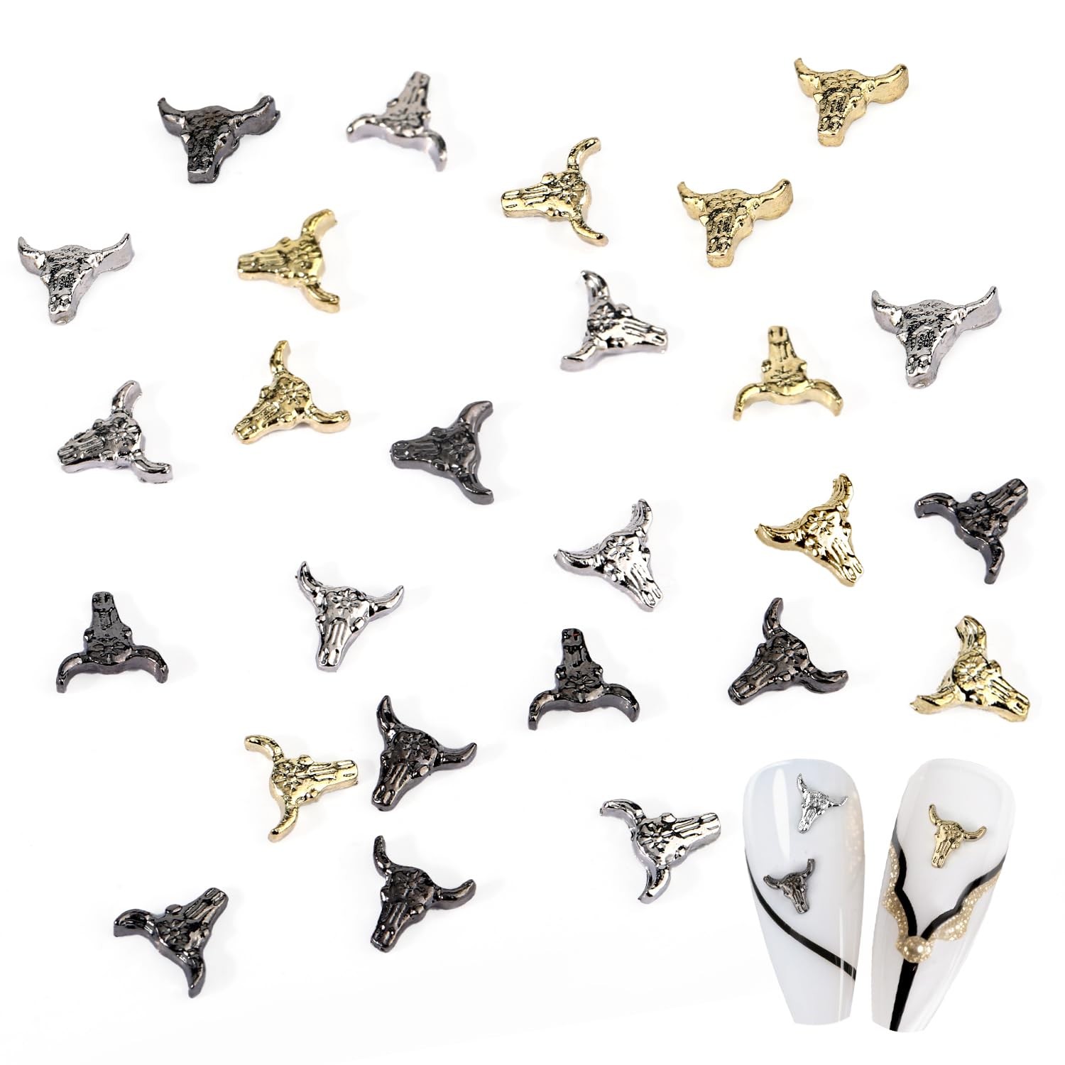 50 Pcs Western Cowboy Bull Head Nail Charms Gold Silver Black Mixed Colors