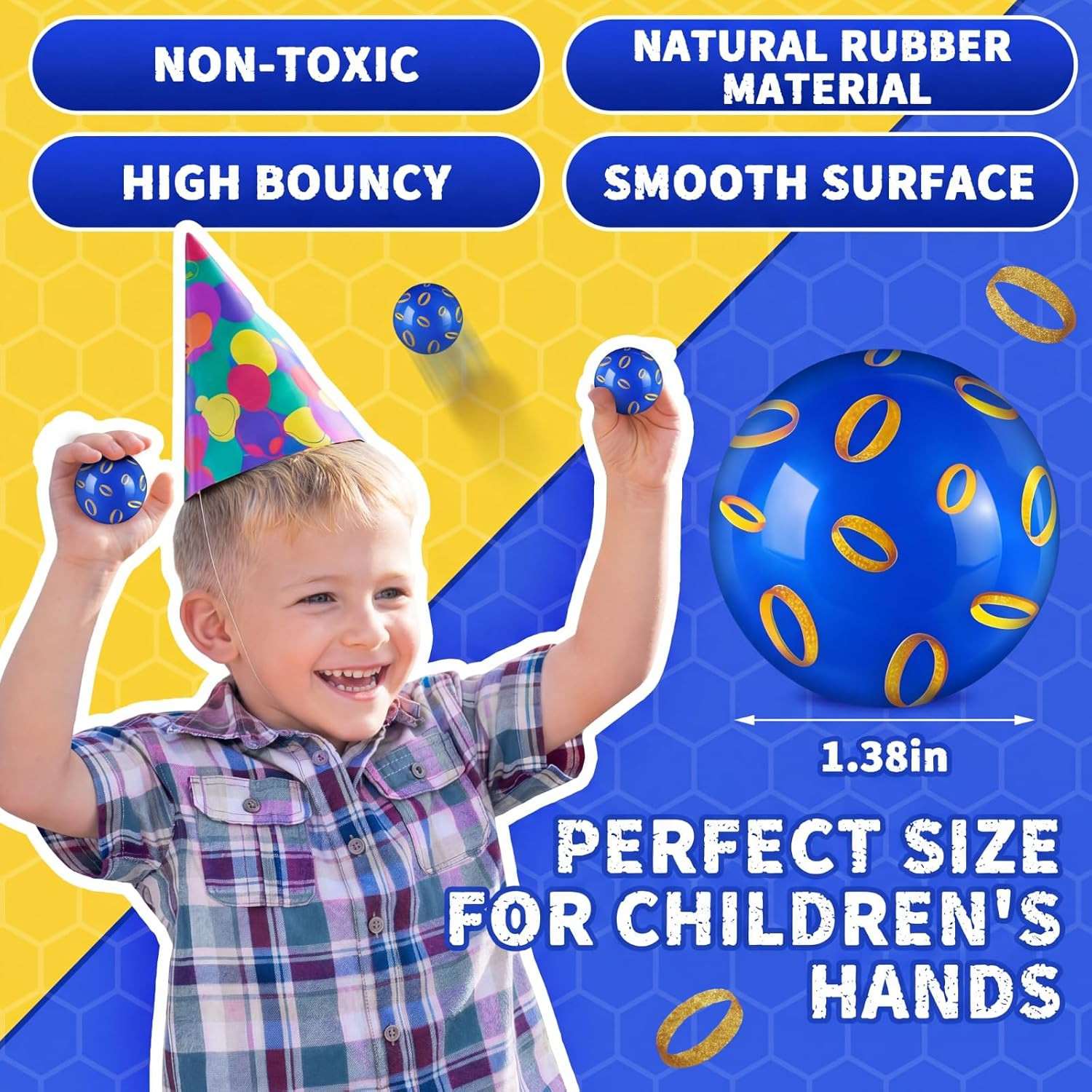 24 Pcs Blue & Gold Ring Bouncing Balls 35Mm Party Favors for Kids