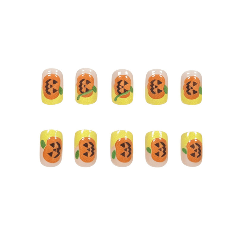 48Pcs-Short Square Neon Yellow French 3D Pumpkin Halloween Press on Nails