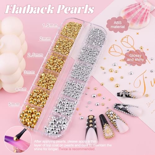Silver and Gold Nail Charms and Gems, 1.5-5mm 04 Nail Pearls(Gold+Silver) Set 3