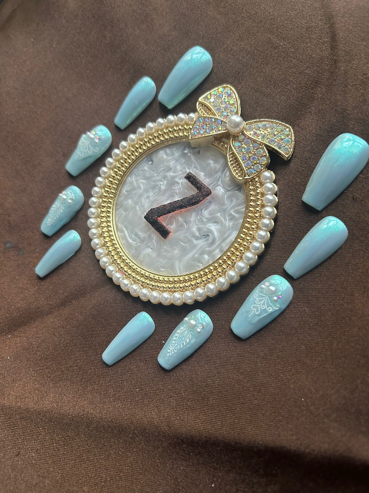 Z NAILZ! Dainty Blue Iridescent W/ Pearls & AB Stones, Decals Press On Nails.