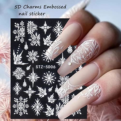 5D White Snowflake Embossed Nail Art Sticker -Christmas New Year Snowflake