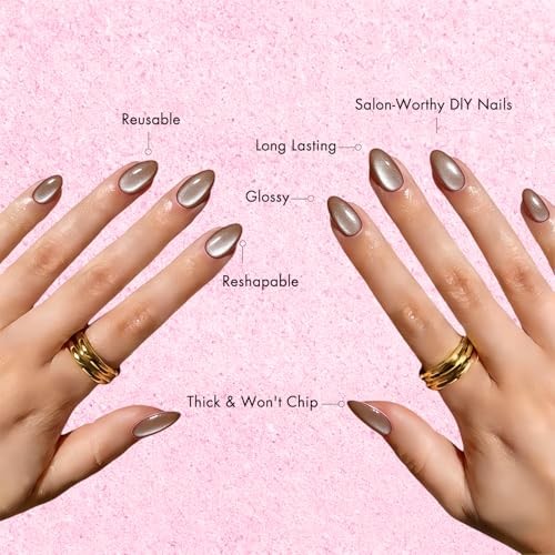 Cat Eye Light Brown Press on Nails Short Oval, Fake Nails with a Chrome brown