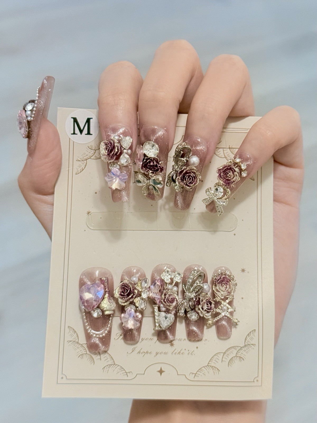 10pcs Handmade Rose Fake Nail Press On/Glue On Nails Size M(Read Description)