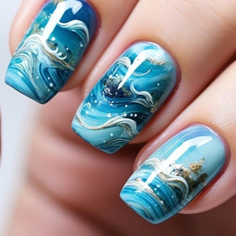 48 Pieces of European Square Light Blue Wavy Patterned Removable Fake Nails