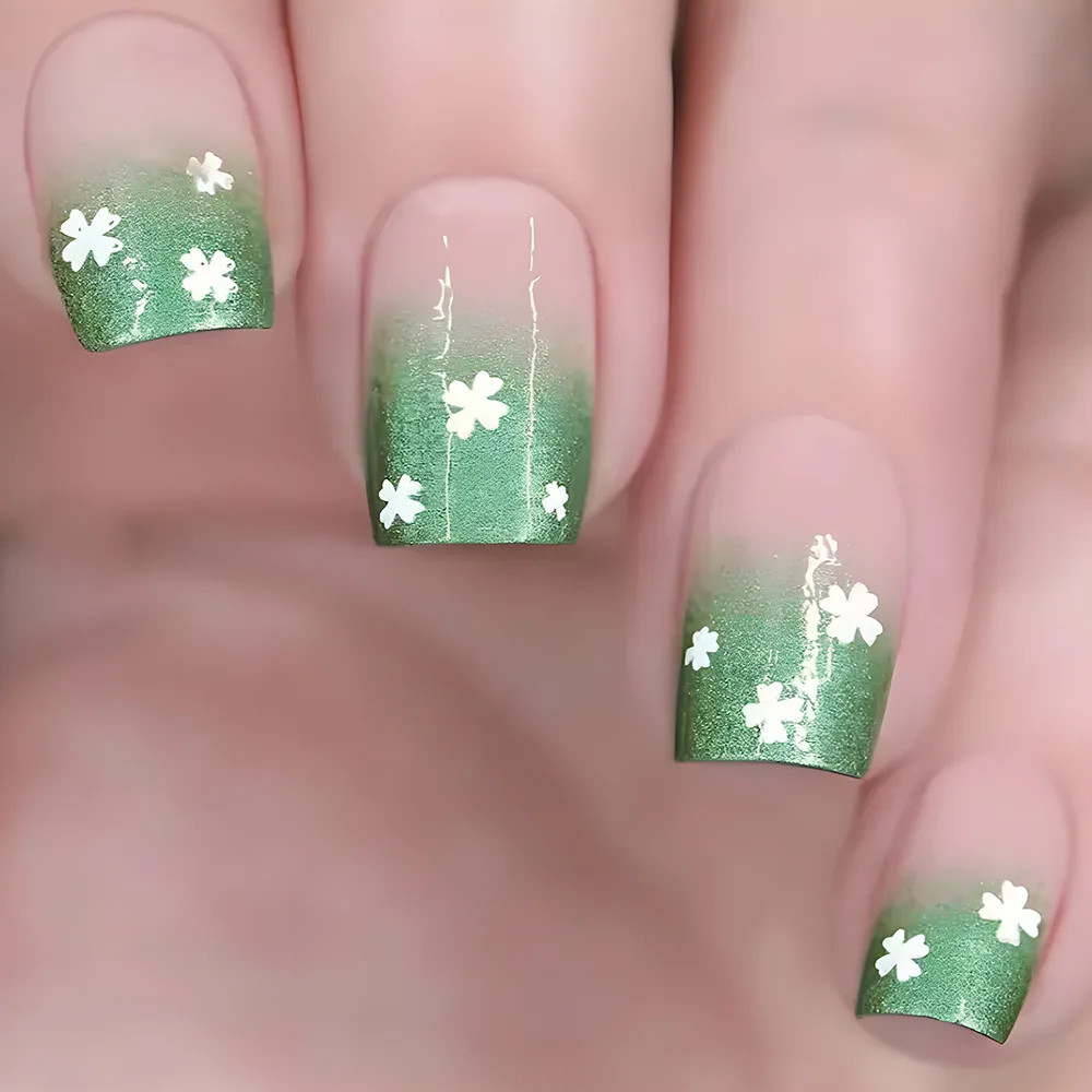 24pcs Set Short Square French Press On Nails Flower Butterfly Design Fake Nails