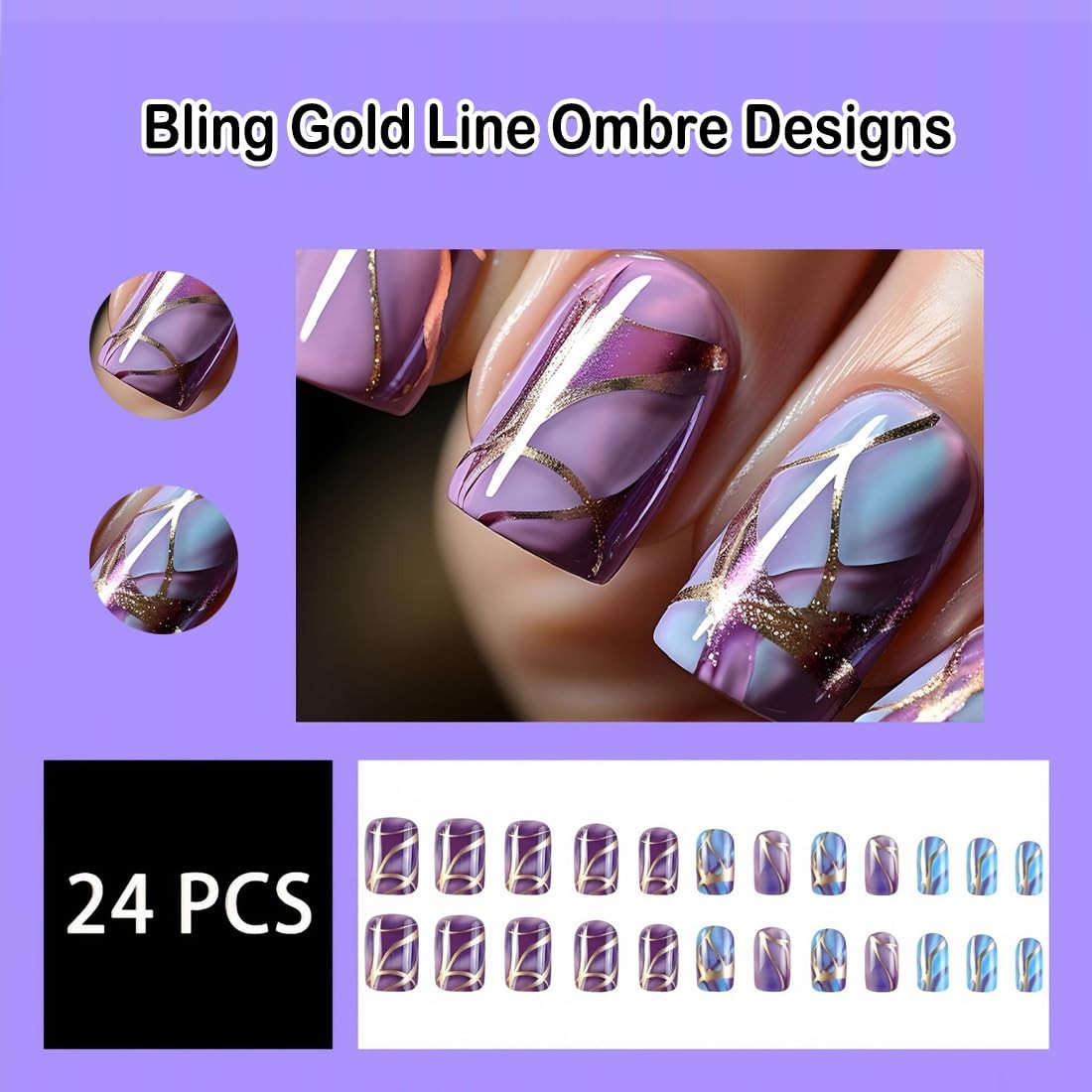 Square Marble Press on Nails Purple Short Medium fake Nail