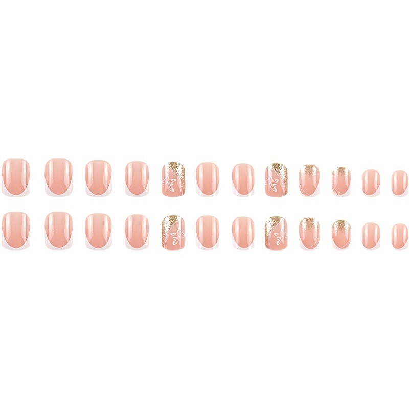 48pcs-Nude Pink Short Square Nails with French Tips, Butterfly &Gold Glitter Art