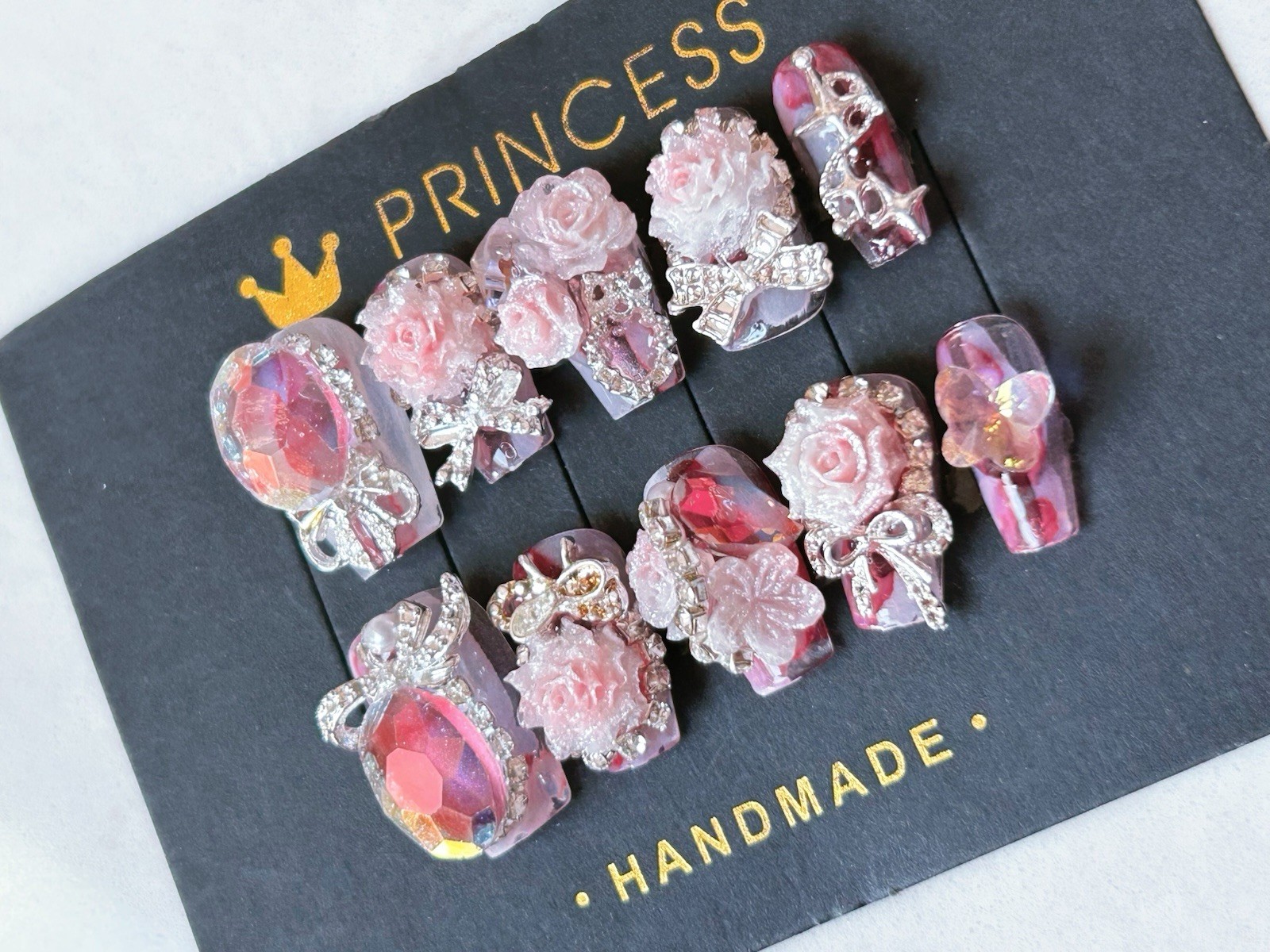 10 pcs 3D Pink Purple Flower Rhinestone Square Acrylic Press-On Nails Medium Set