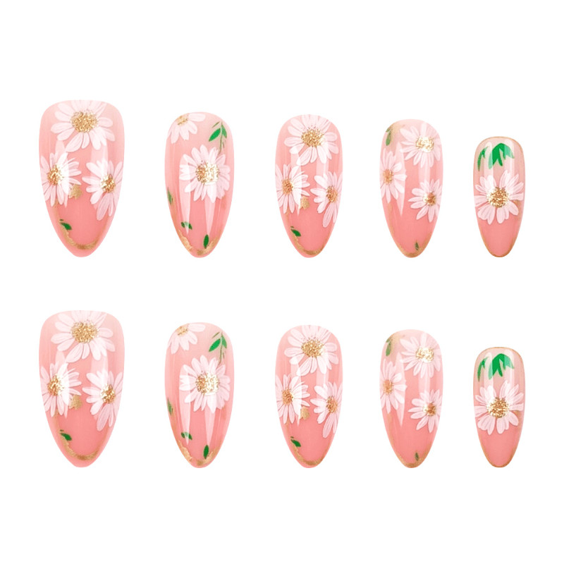 48pcs Short Oval Press on Nails, Nude Pink Gold Edge Daisy Sweet Daily Nails