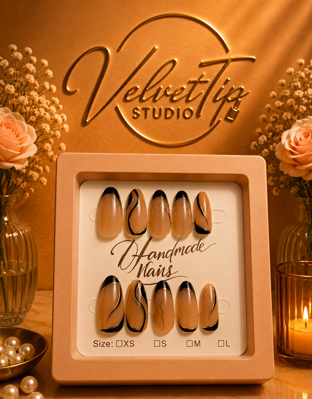 Velvet Tip Studio Beige/Black/Gold Abstract French Oval Full Cover Nails Size M